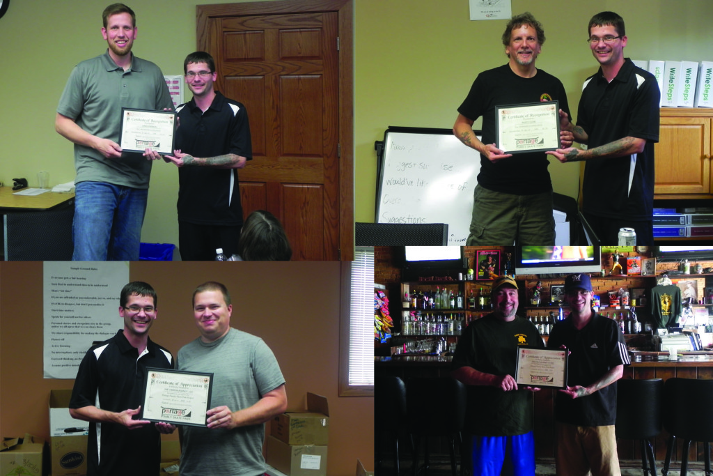 PFSP shows their appreciation to those volunteers, committee members and local business owners. Top Left Jared Pierson, top right Rusty Cline, bottom left Mike O'Brion and bottom right Kevin Malone All receiving recognition for outstanding volunteer service also above and beyond commitment to the Portage Family Skate Park Project. 
