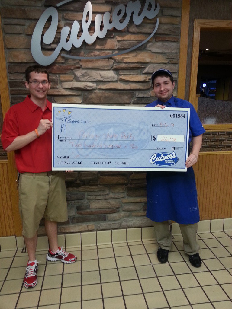 Kyle Little President of the PFSP received a check from Jordan Wright Assistant Manager Culver's Portage for $261.54